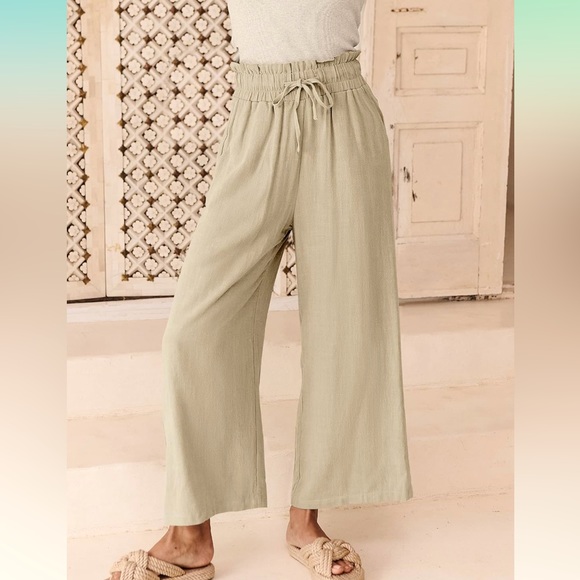 Linen Pants High Waist Drawstring Casual Wide Leg Capri Palazzo Pockets Coastal - Picture 6 of 9